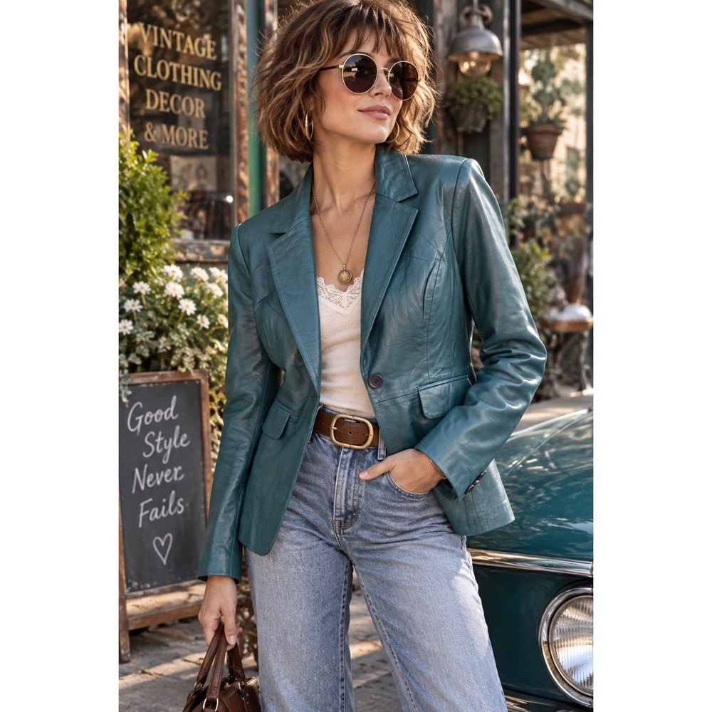 Vintage Spiegel Teal Green Genuine Leather Blazer Jacket Women's Size 10 Retro